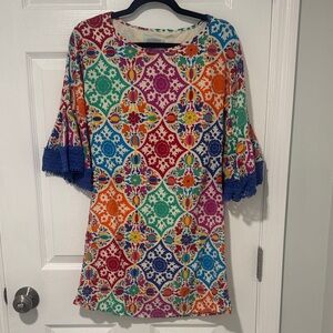 Judith March Colorful Geometric Pattern Dress with Flared Sleeves